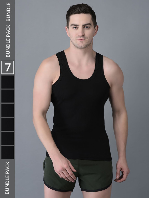 Dollar Bigboss Men's Black Pack of 7 Cotton Vest