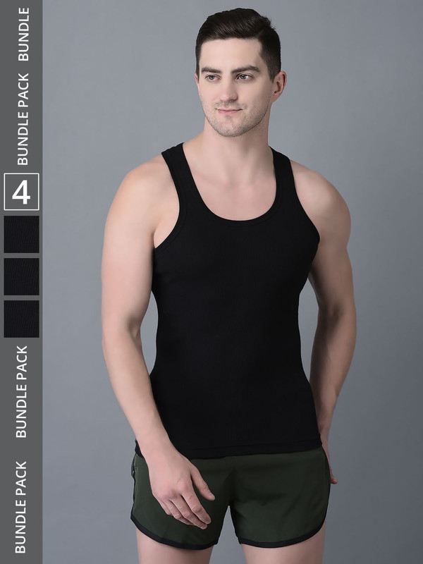Dollar Bigboss Men's Black Pack of 4 Cotton Vest