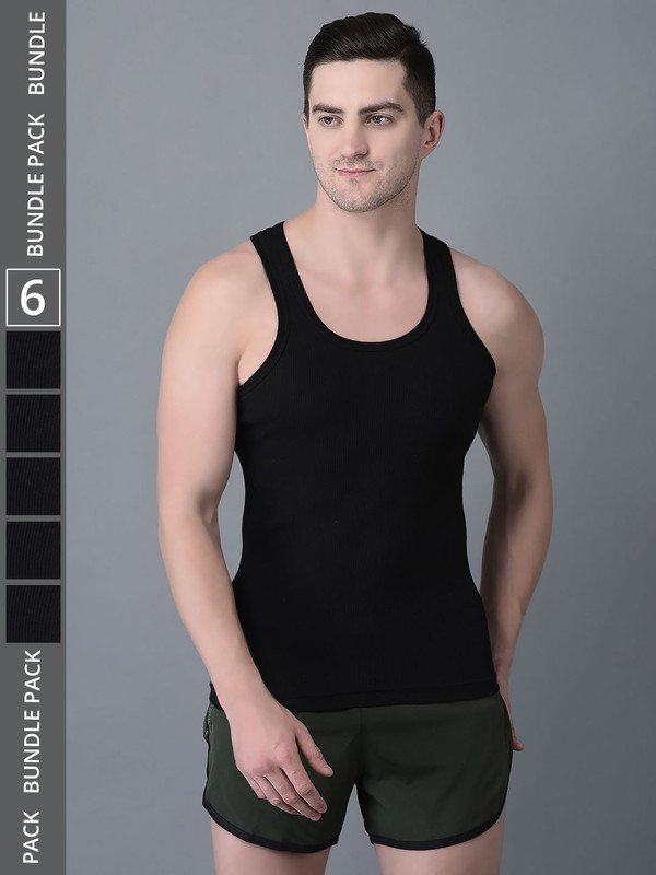 Dollar Bigboss Men's Black Pack of 6 Cotton Vest