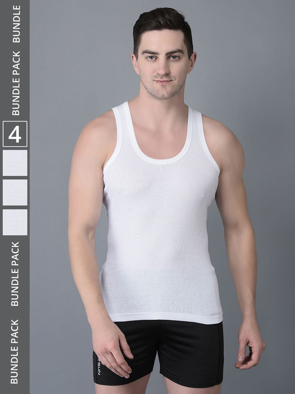 Dollar Bigboss Men's White Pack of 4 Cotton Vest