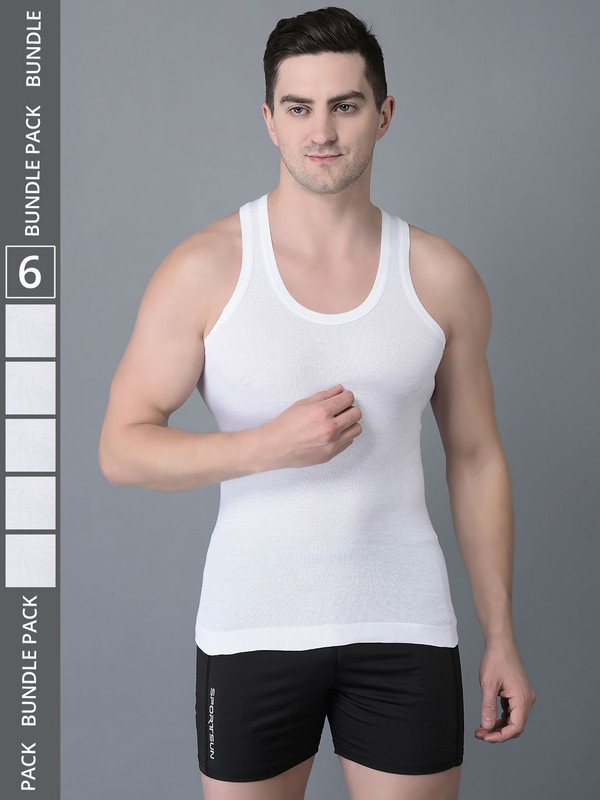 Dollar Bigboss Men's White Pack of 6 Cotton Vest
