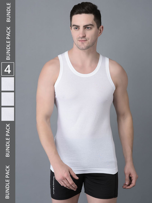 Dollar Bigboss Men's White Pack of 4 Cotton Vest