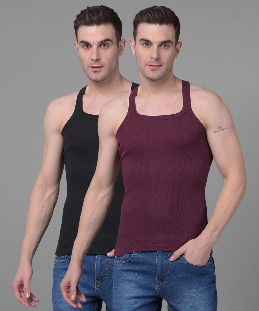 Dollar Bigboss Men's Pack of 2 Solid Combed Cotton Racerback Styled Gym Vest