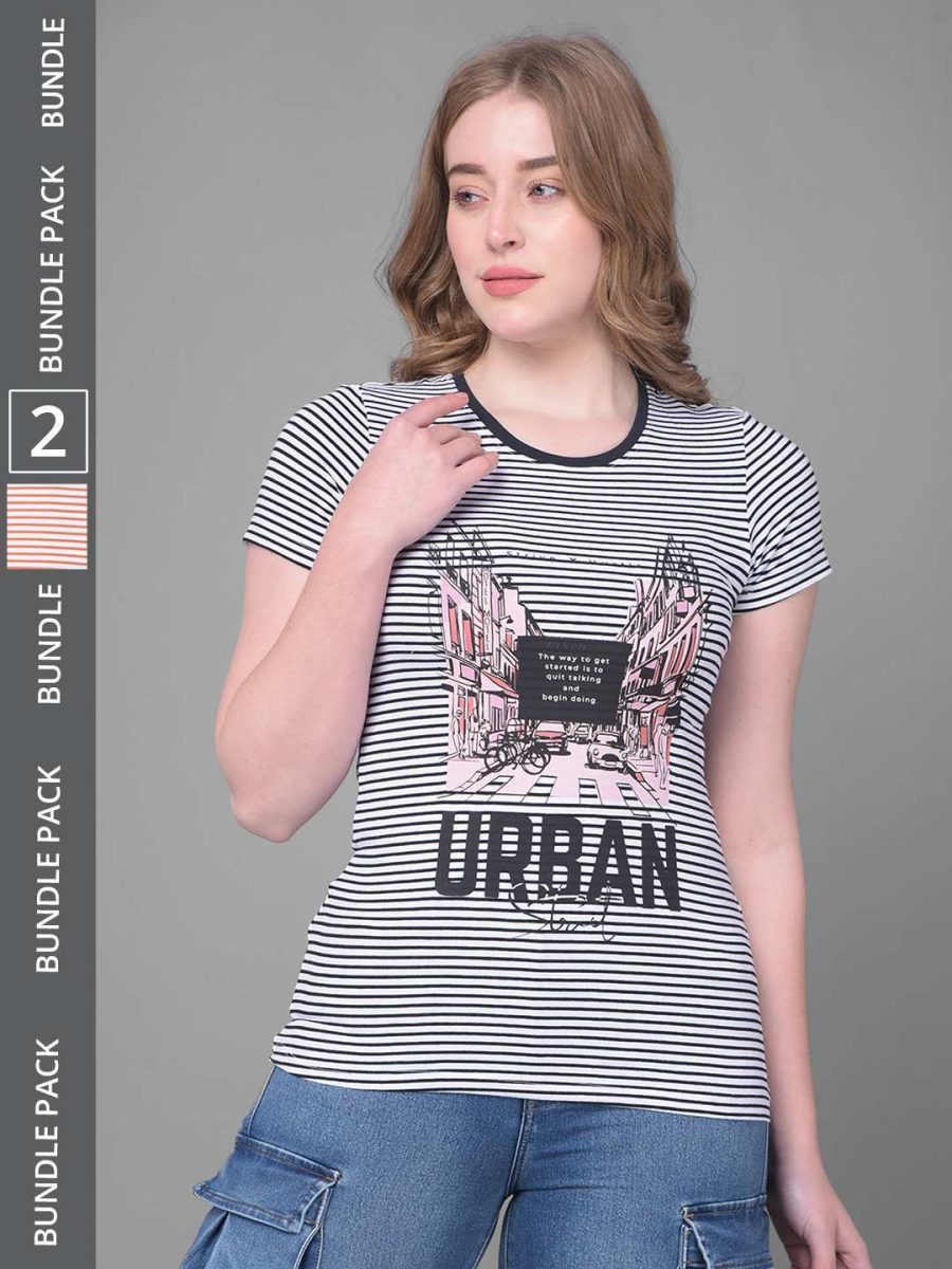 Dollar Women's Pack of 2 Printed Stretchable Cotton Round Neck Tshirt