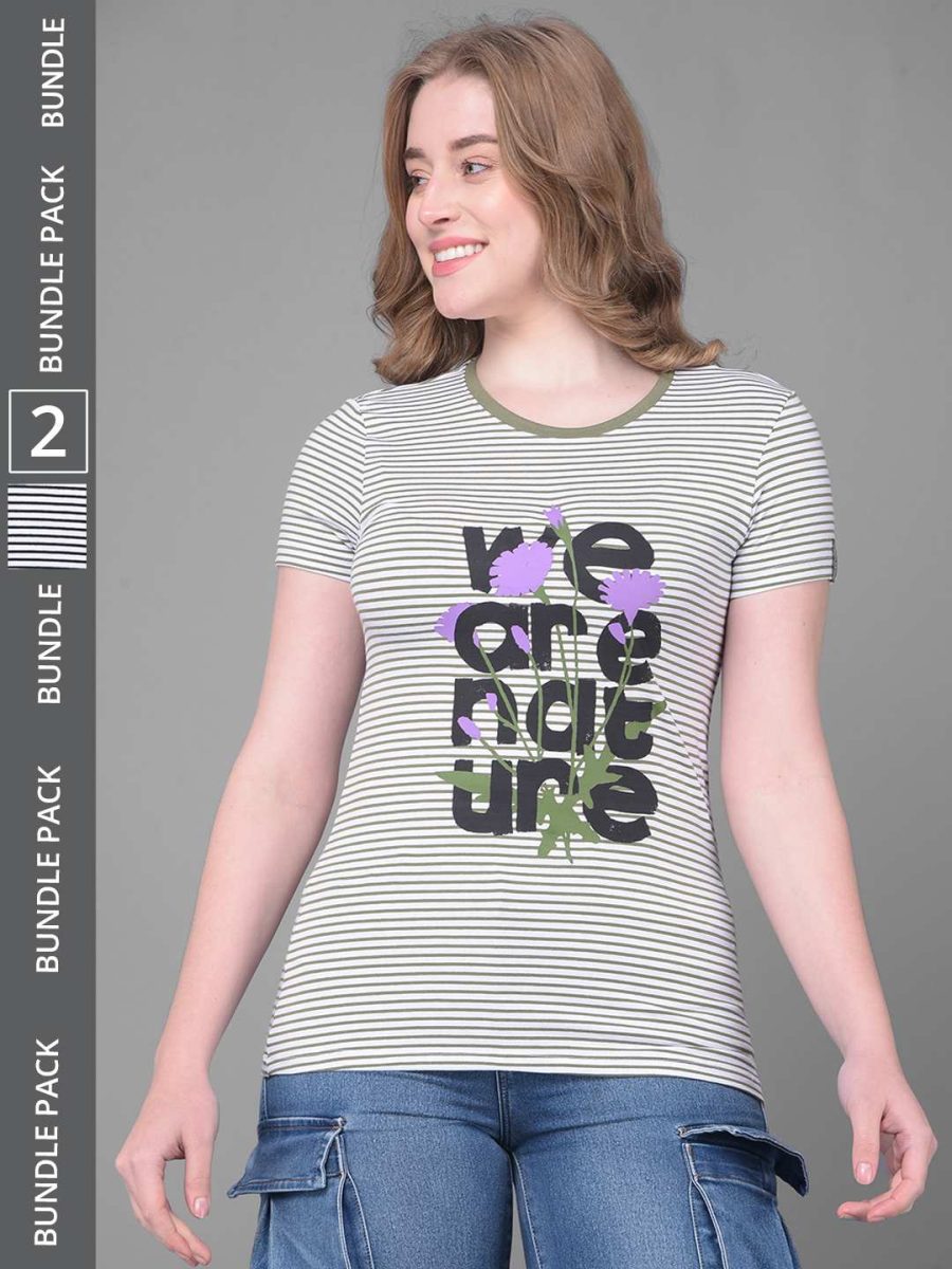 Dollar Women's Pack of 2 Printed Stretchable Cotton Round Neck Tshirt