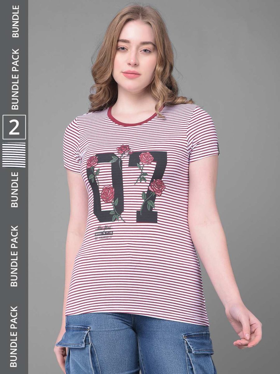 Dollar Women's Pack of 2 Printed Stretchable Cotton Round Neck Tshirt
