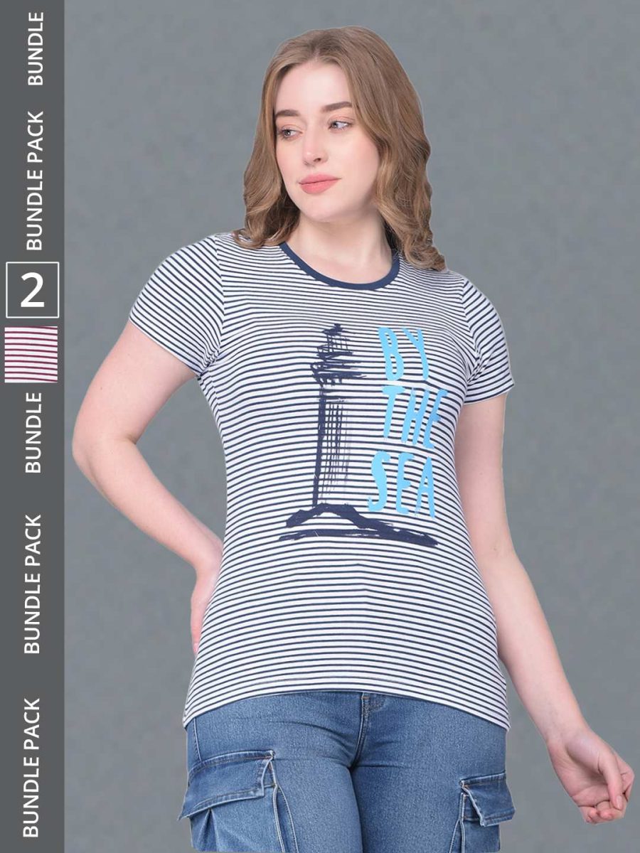 Dollar Women's Pack of 2 Printed Stretchable Cotton Round Neck Tshirt