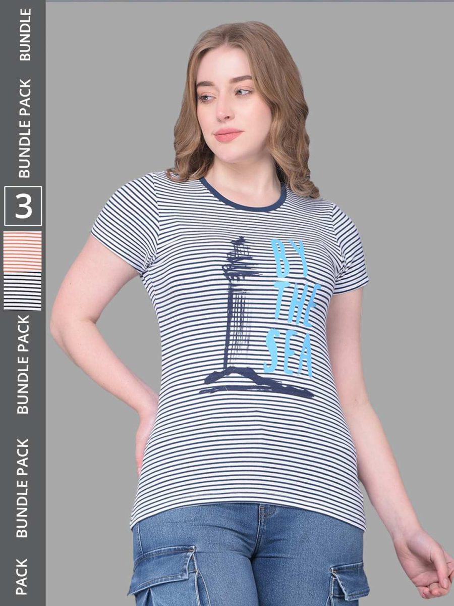 Dollar Women's Pack of 3 Printed Stretchable Cotton Round Neck Tshirt