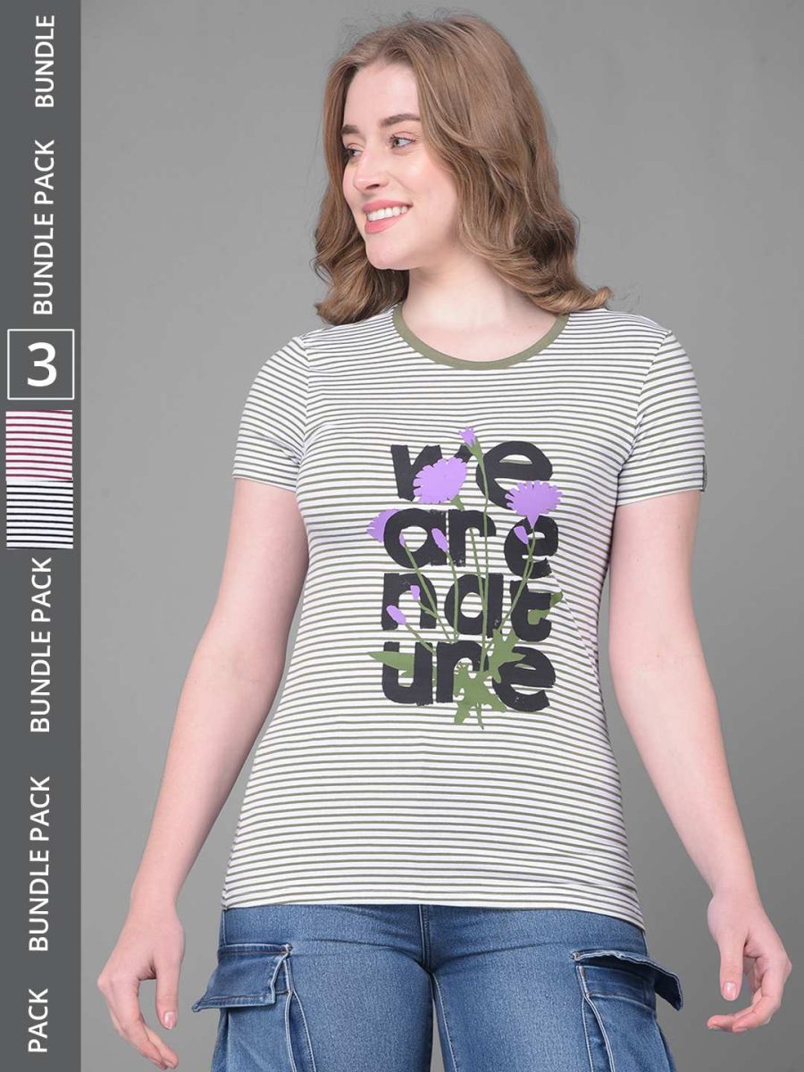 Dollar Women's Pack of 3 Printed Stretchable Cotton Round Neck Tshirt