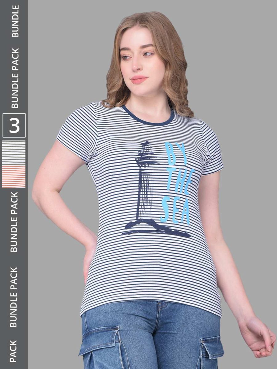 Dollar Women's Pack of 3 Printed Stretchable Cotton Round Neck Tshirt