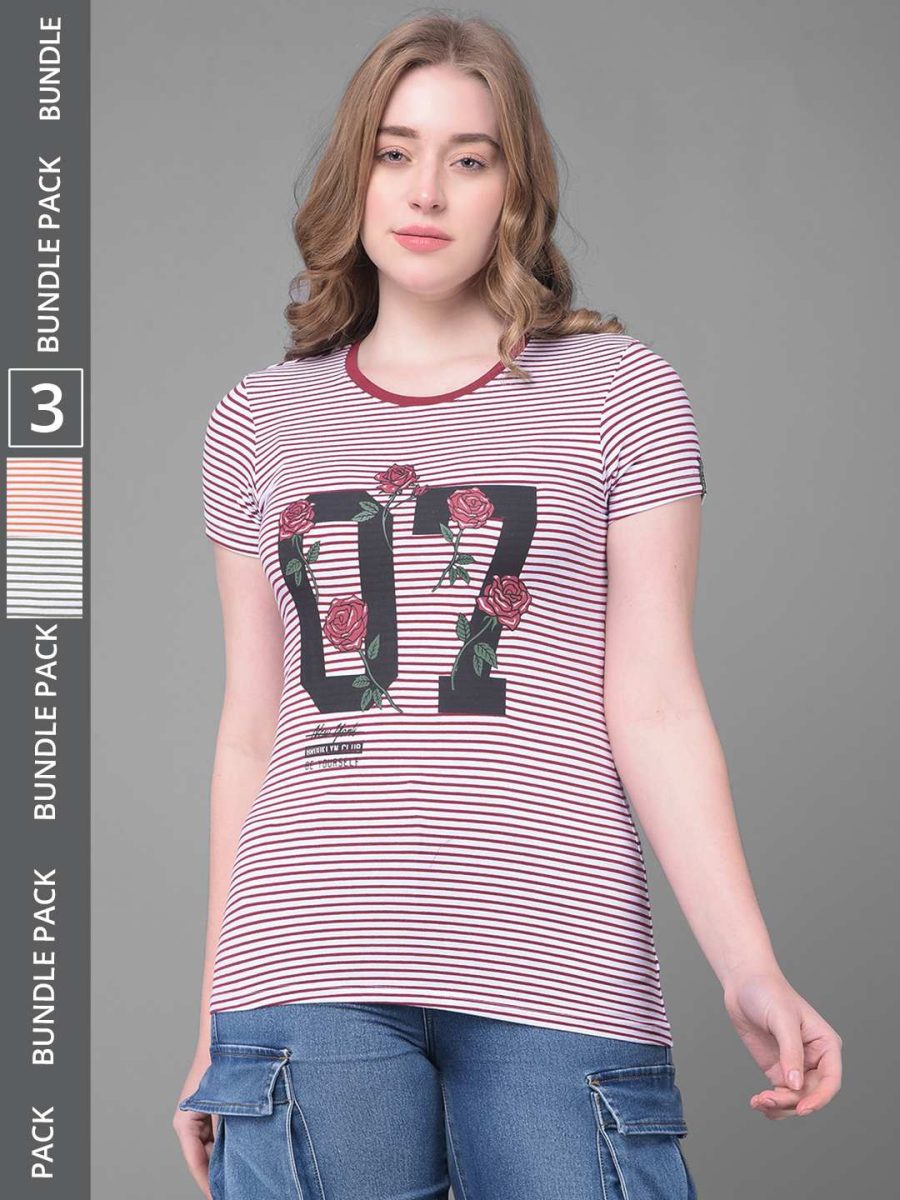 Dollar Women's Pack of 3 Printed Stretchable Cotton Round Neck Tshirt