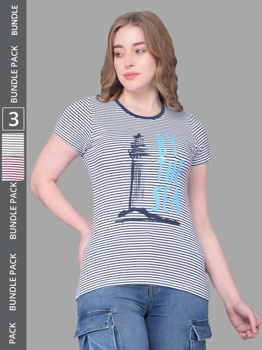 Dollar Women's Pack of 3 Printed Stretchable Cotton Round Neck Tshirt