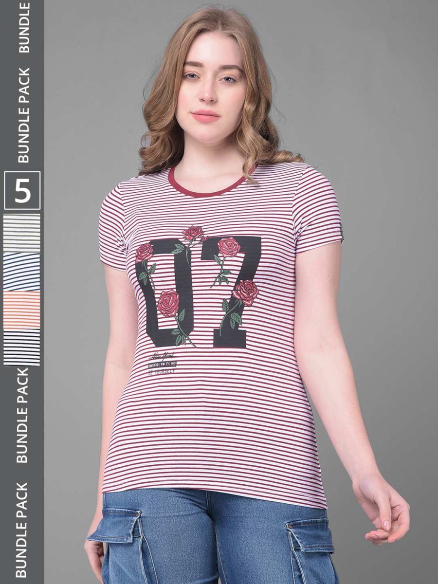 Dollar Women's Pack of 5 Printed Stretchable Cotton Round Neck Tshirt