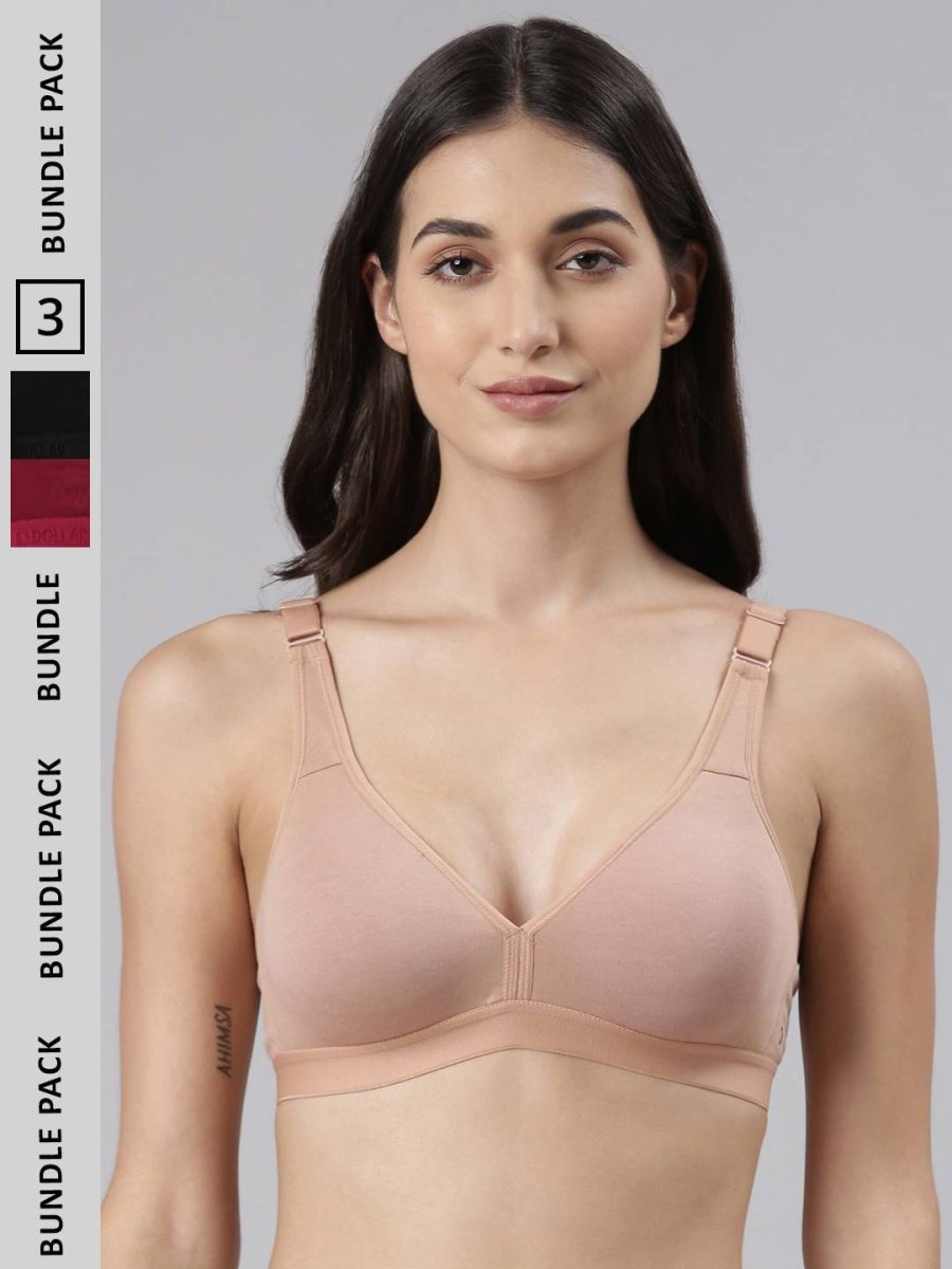 Dollar Missy Pack of 3 Women's Combed Cotton with Stretchy Elastane Wire-Free Basic Support Bra