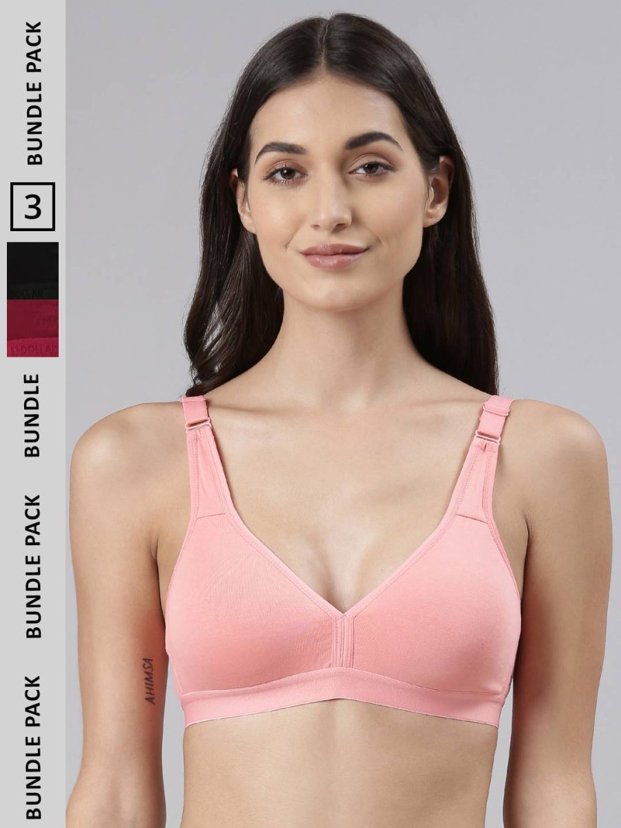 Dollar Missy Pack of 3 Women's Combed Cotton with Stretchy Elastane Wire-Free Basic Support Bra