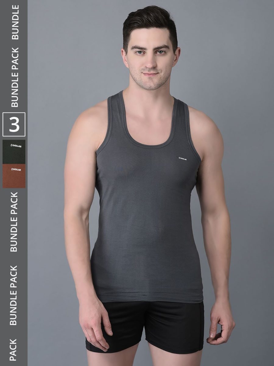 Dollar Bigboss Men's Pack of 3 Solid Combed Cotton Shrinkless Vest