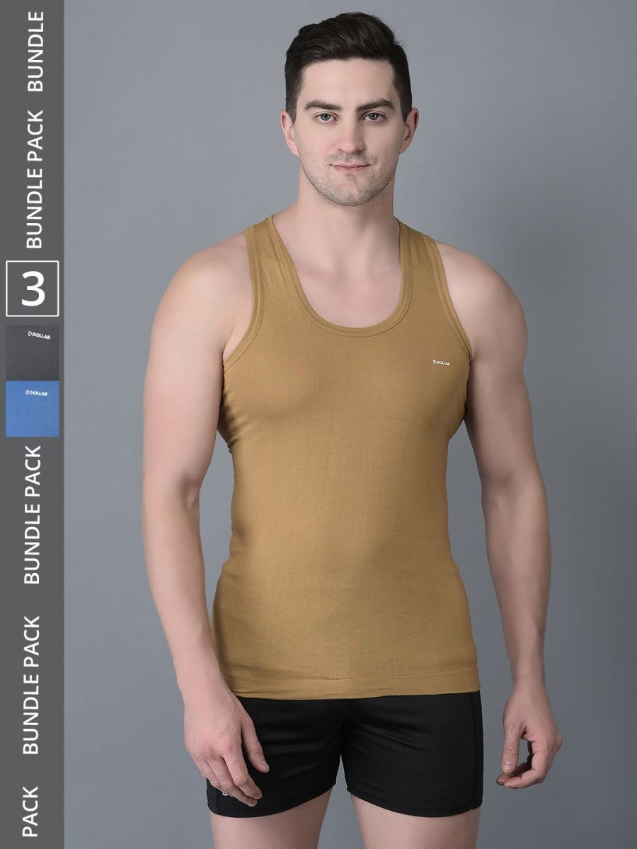 Dollar Bigboss Men's Pack of 3 Solid Combed Cotton Shrinkless Vest