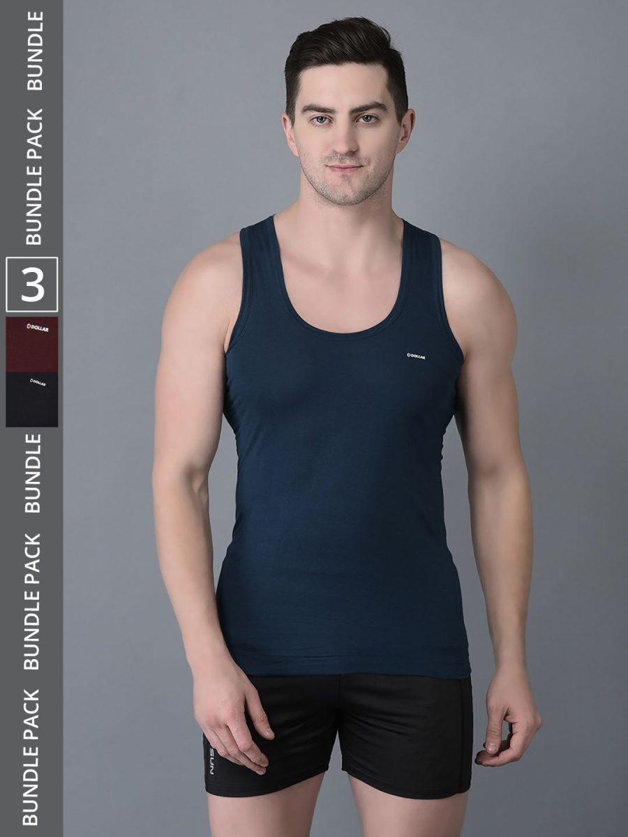 Dollar Bigboss Men's Pack of 3 Solid Combed Cotton Shrinkless Vest