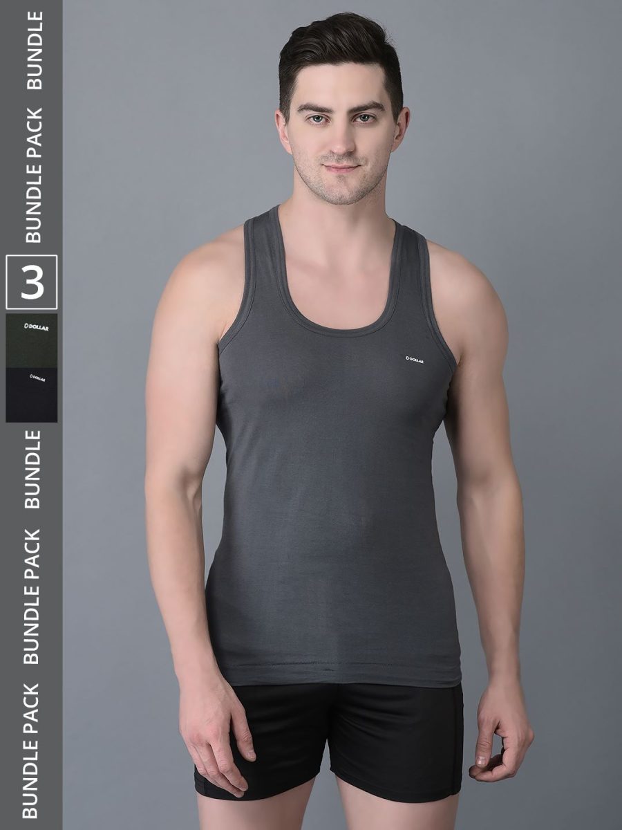 Dollar Bigboss Men's Pack of 3 Solid Combed Cotton Shrinkless Vest