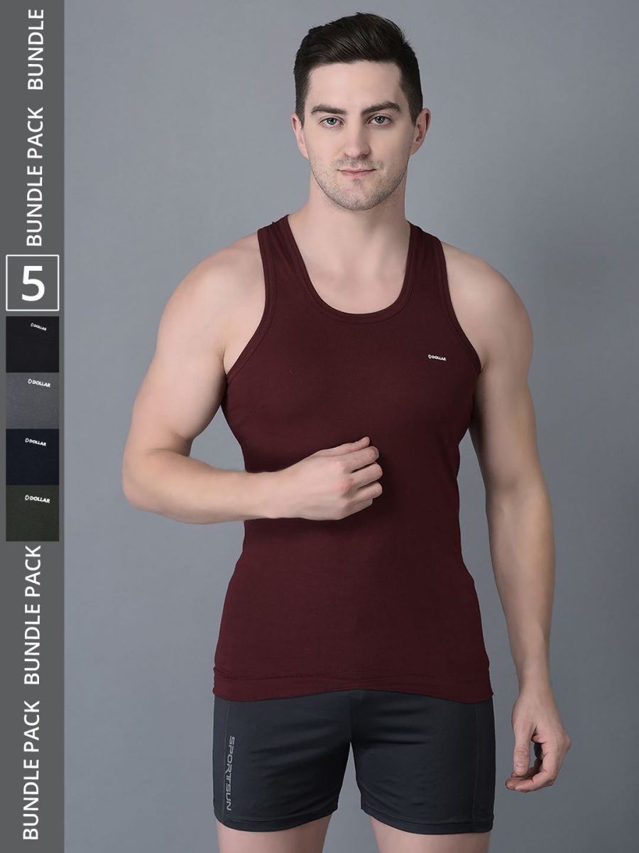 Dollar Bigboss Men's Pack of 5 Solid Combed Cotton Shrinkless Vest