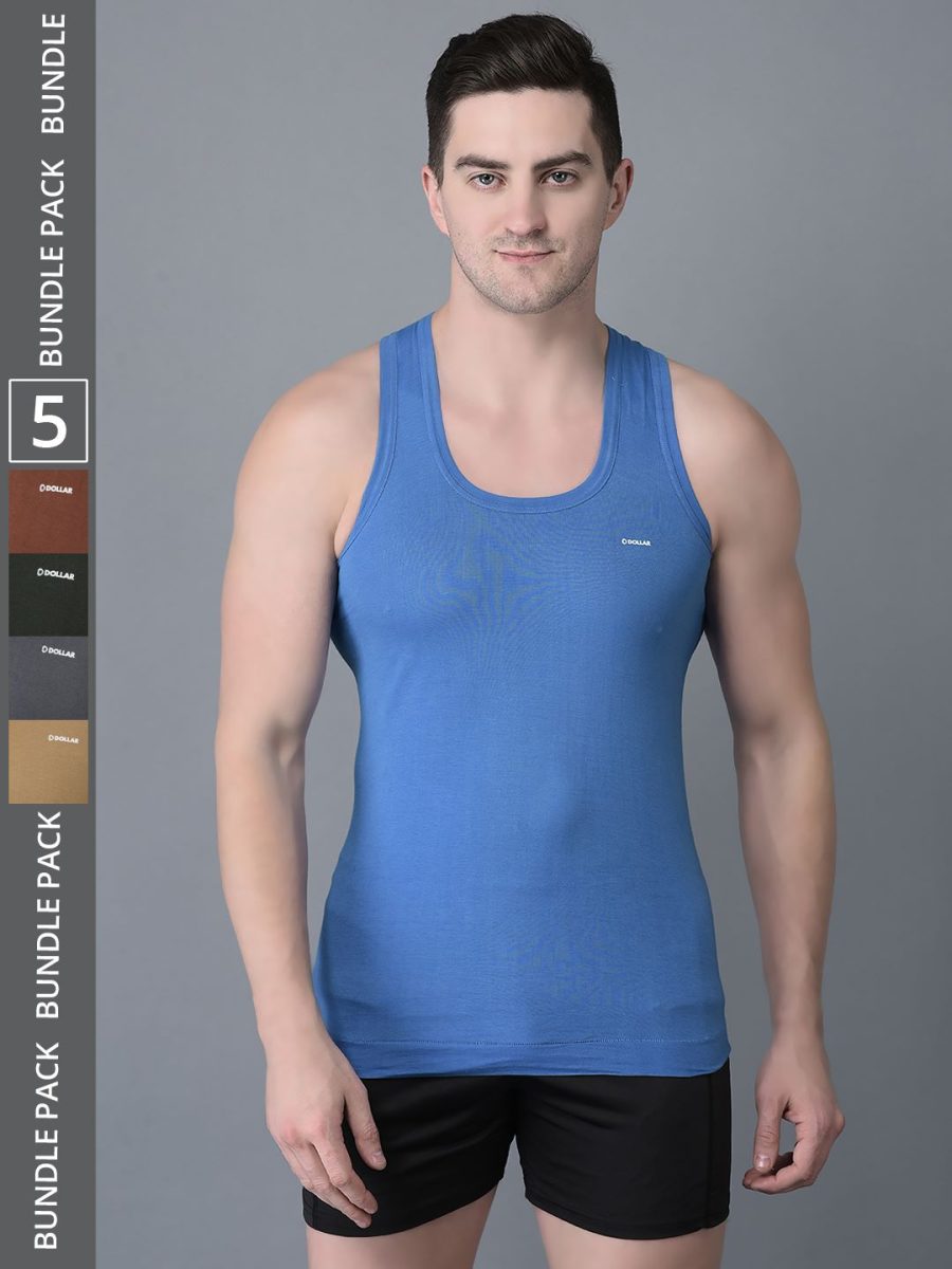 Dollar Bigboss Men's Pack of 5 Solid Combed Cotton Shrinkless Vest