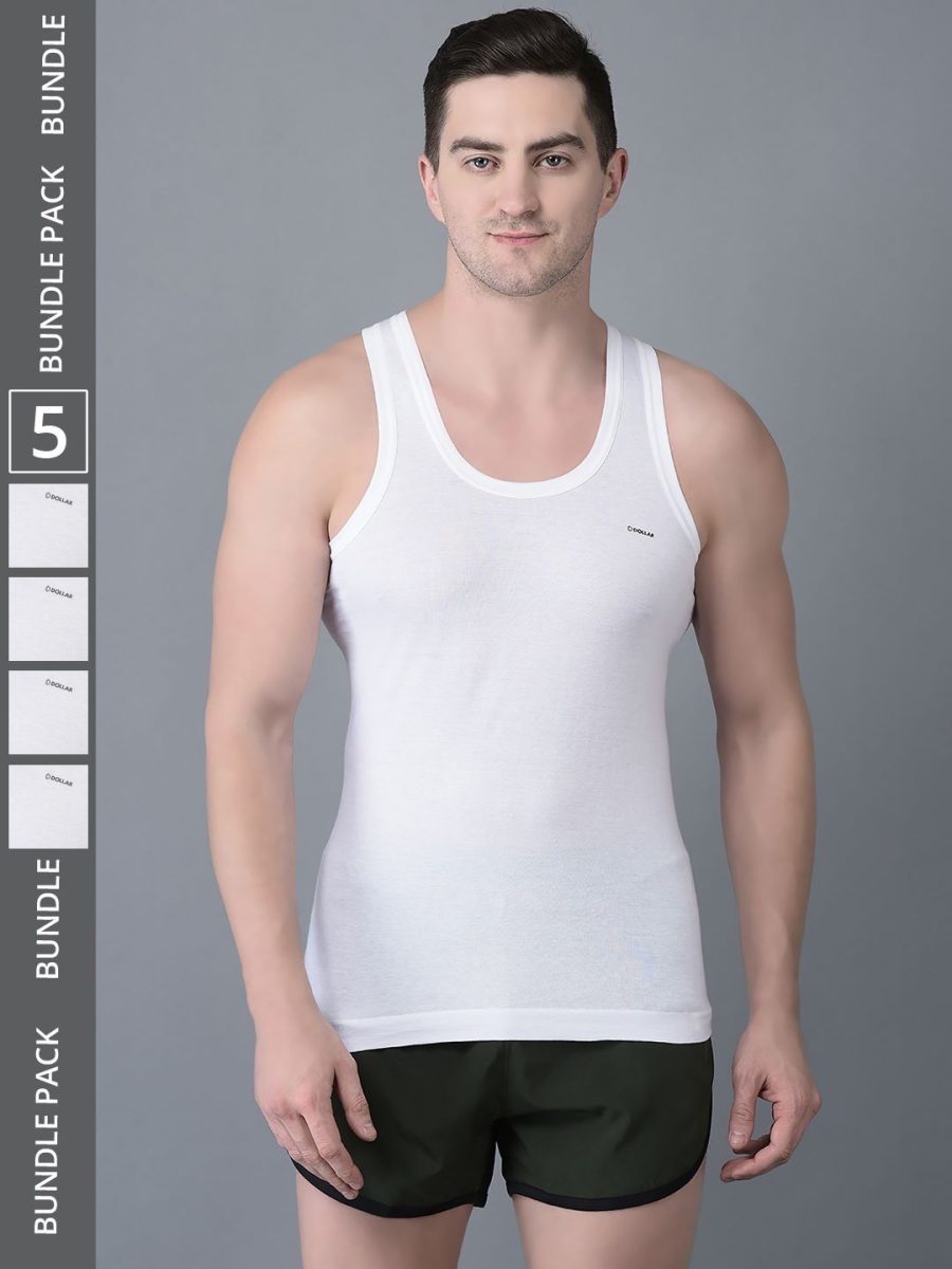Dollar Bigboss Men's Pack of 5 Solid Combed Cotton Shrinkless Vest