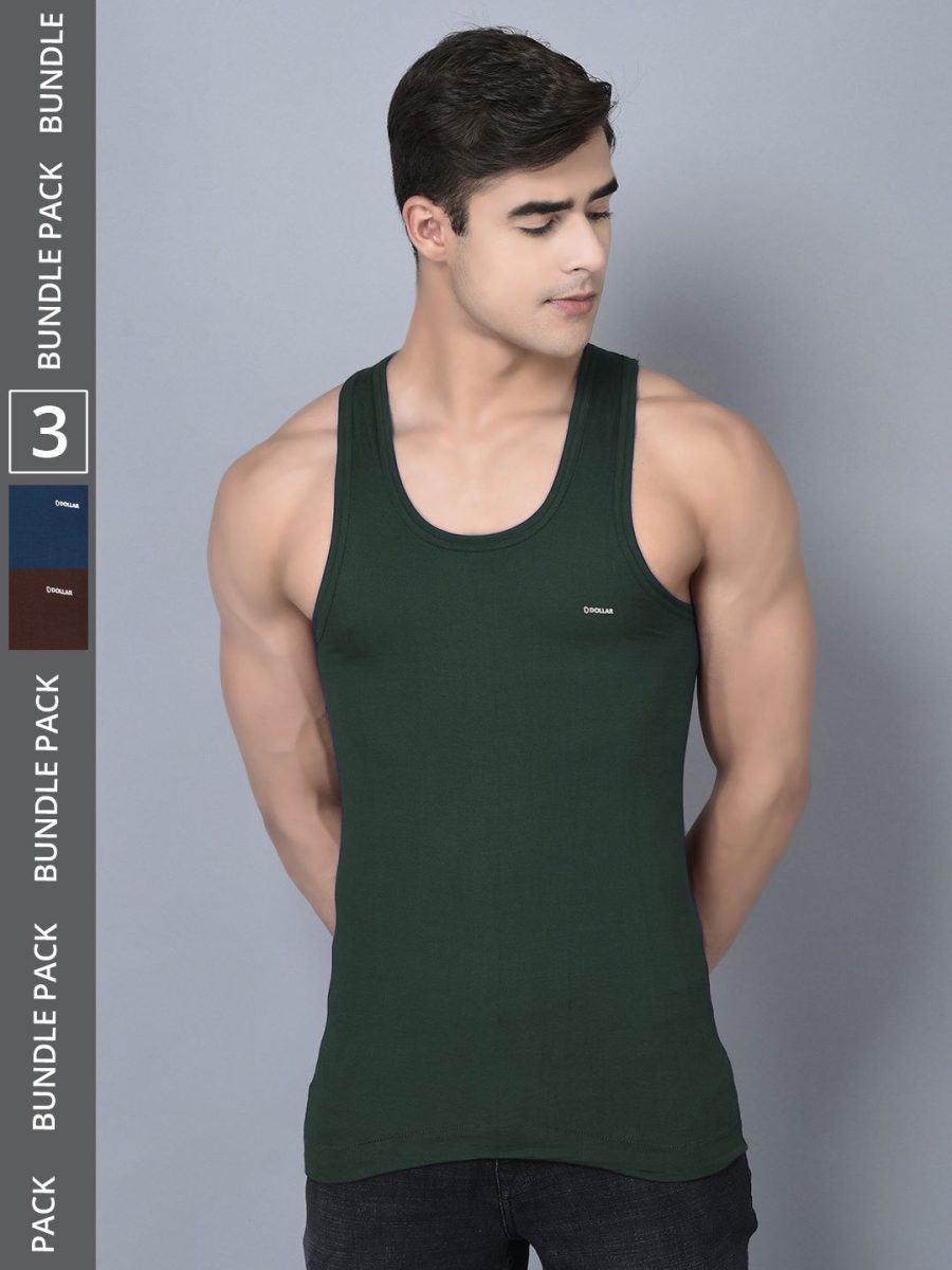 Dollar Bigboss Men's Pack of 3 Solid Combed Cotton Shrinkless Vest
