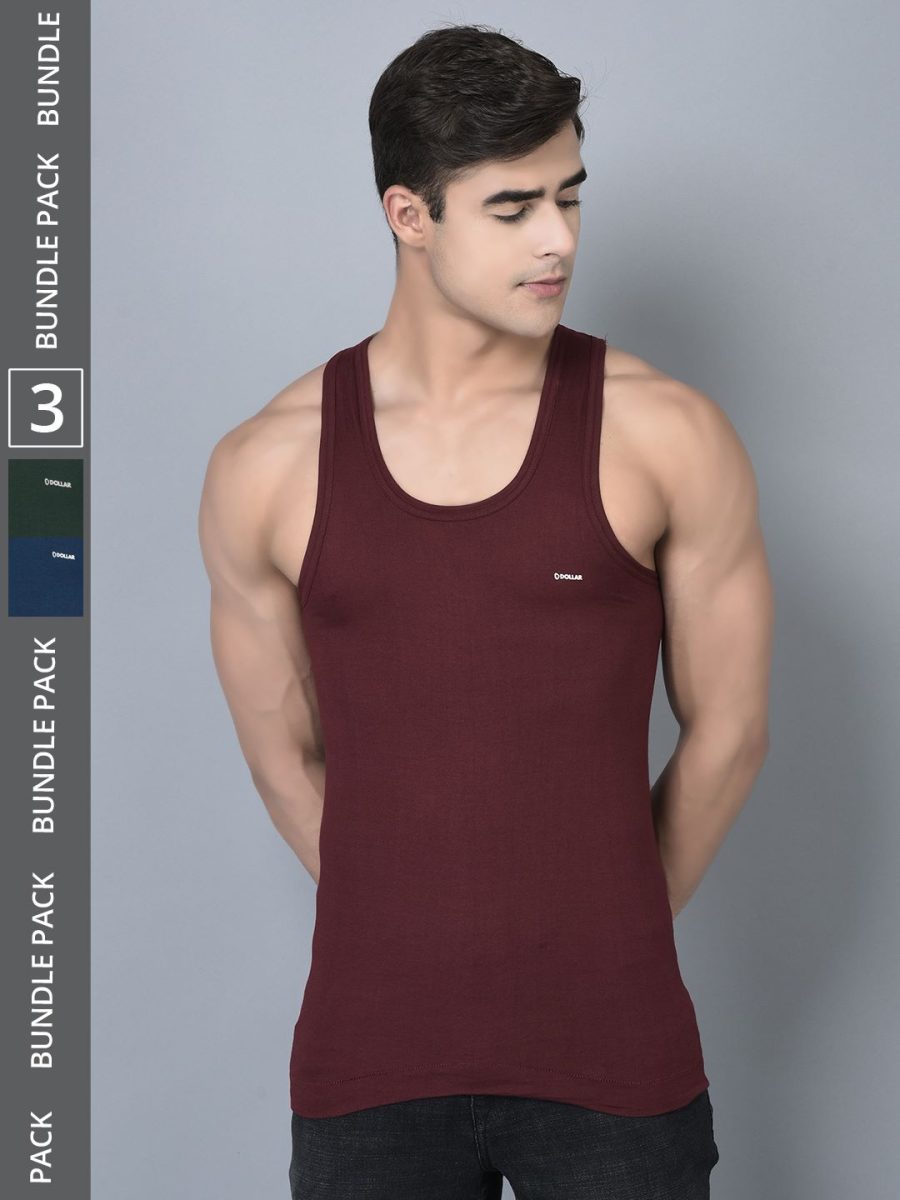 Dollar Bigboss Men's Pack of 3 Solid Combed Cotton Shrinkless Vest