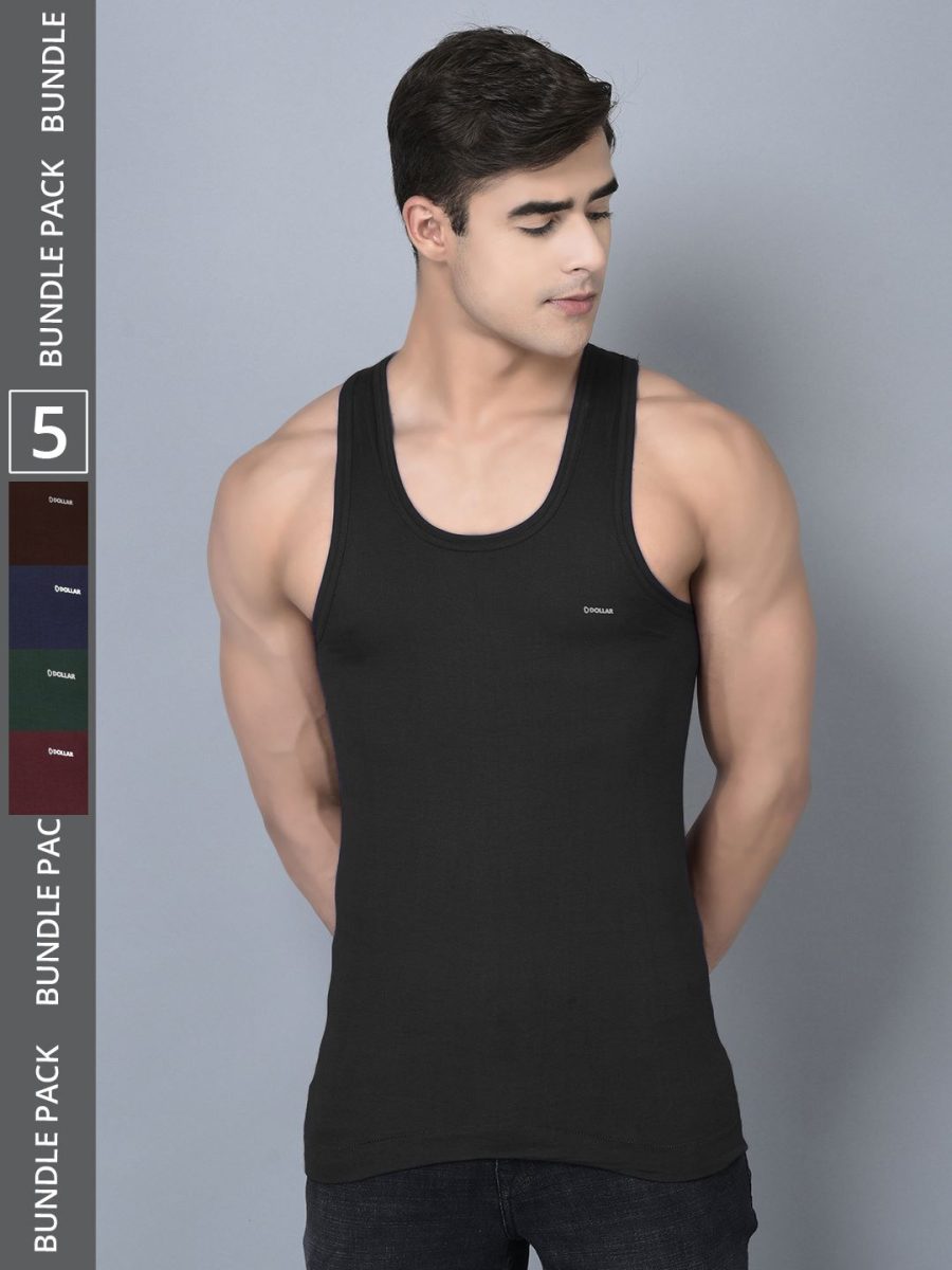 Dollar Bigboss Men's Pack of 5 Solid Combed Cotton Shrinkless Vest