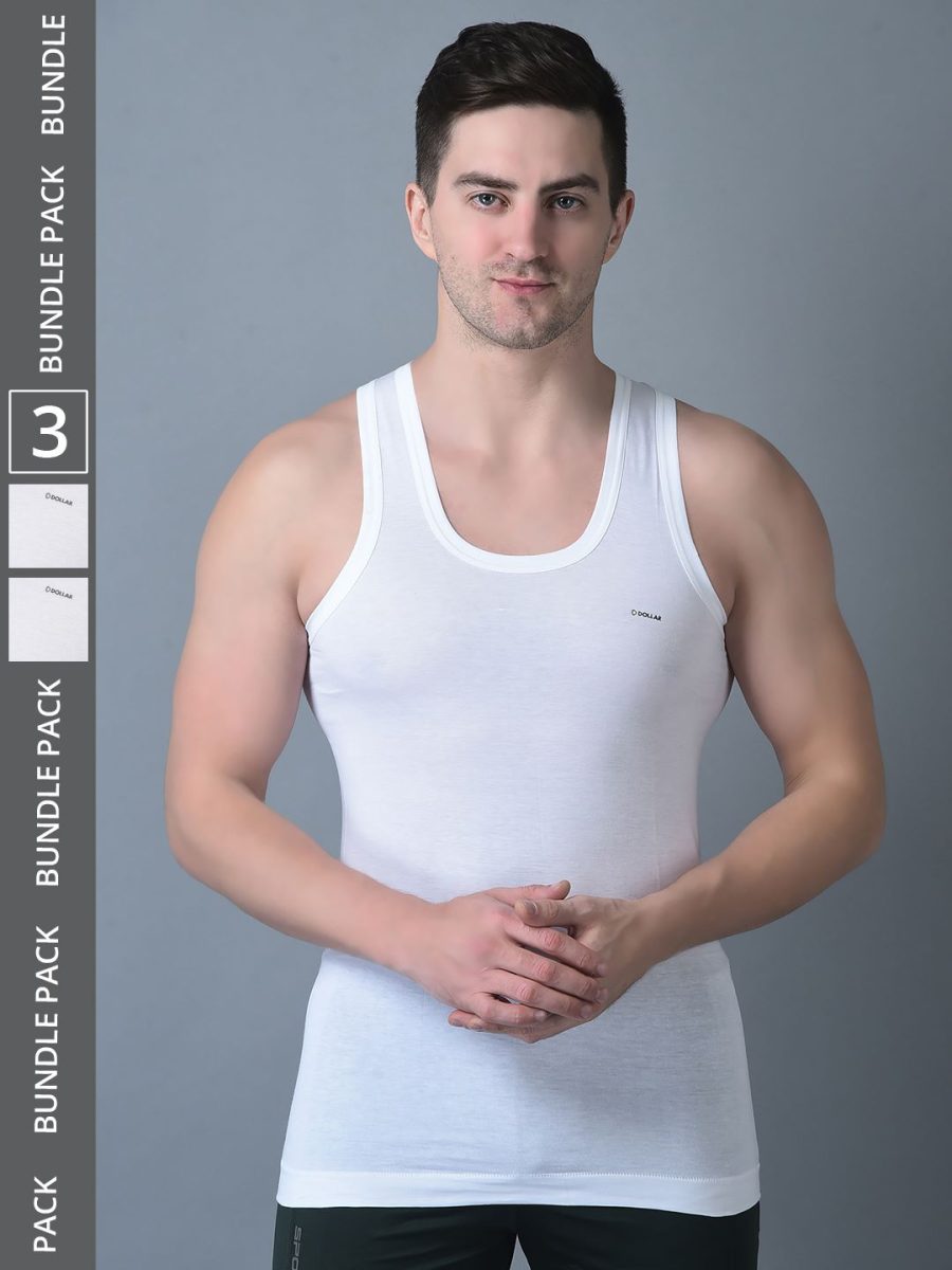 Dollar Bigboss Men's Pack of 3 Solid Combed Cotton Shrinkless Vest