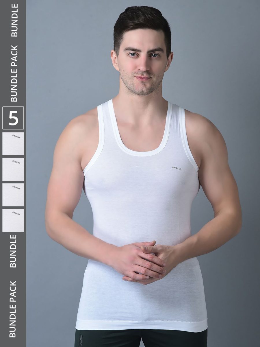 Dollar Bigboss Men's Pack of 5 Solid Combed Cotton Shrinkless Vest