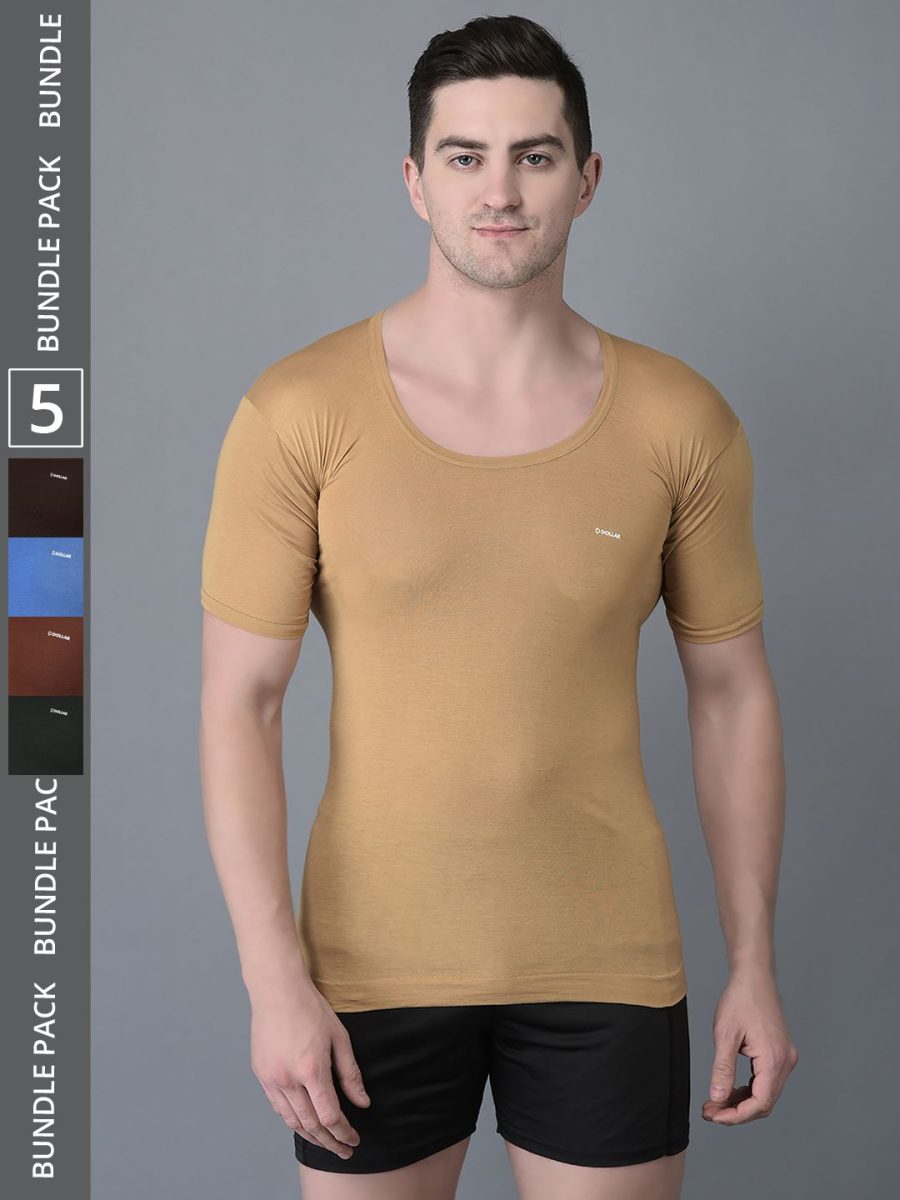 Dollar Bigboss Men's Pack of 5 Solid Combed Cotton Shrinkless Vest