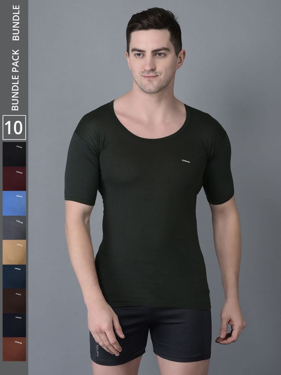 Dollar Bigboss Men's Pack of 10 Solid Combed Cotton Shrinkless Vest