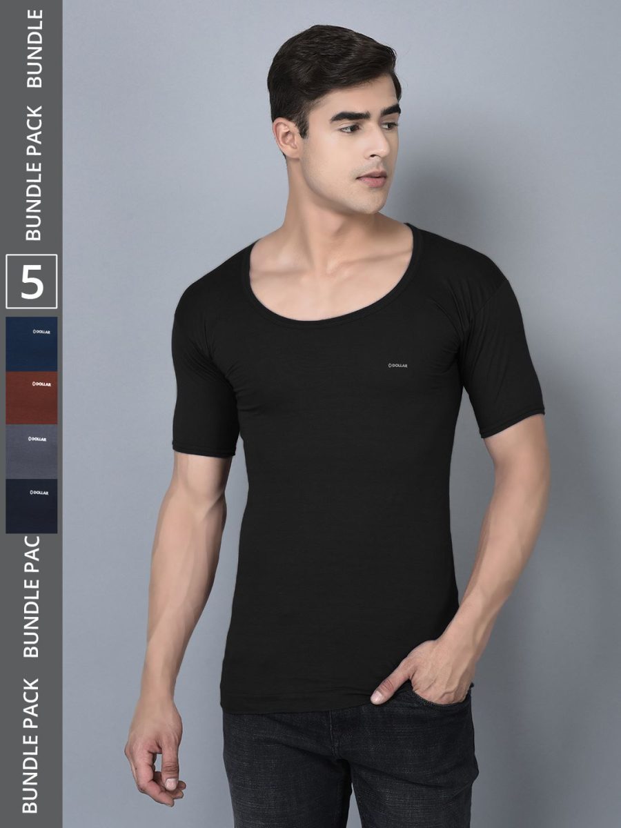 Dollar Bigboss Men's Pack of 5 Solid Combed Cotton Shrinkless Vest