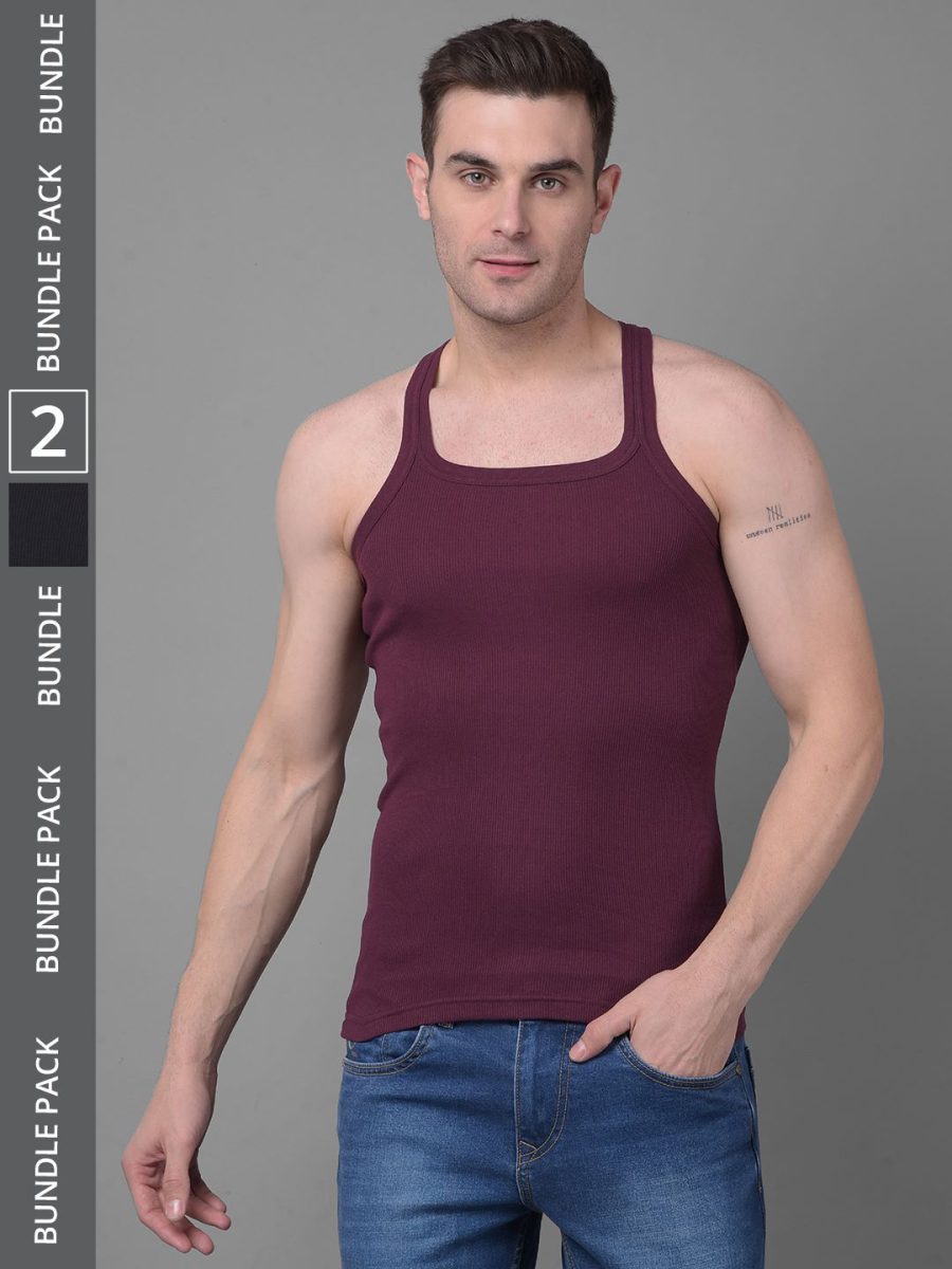 Dollar Bigboss Men's Pack of 2 Solid Combed Cotton Racerback Styled Gym Vest