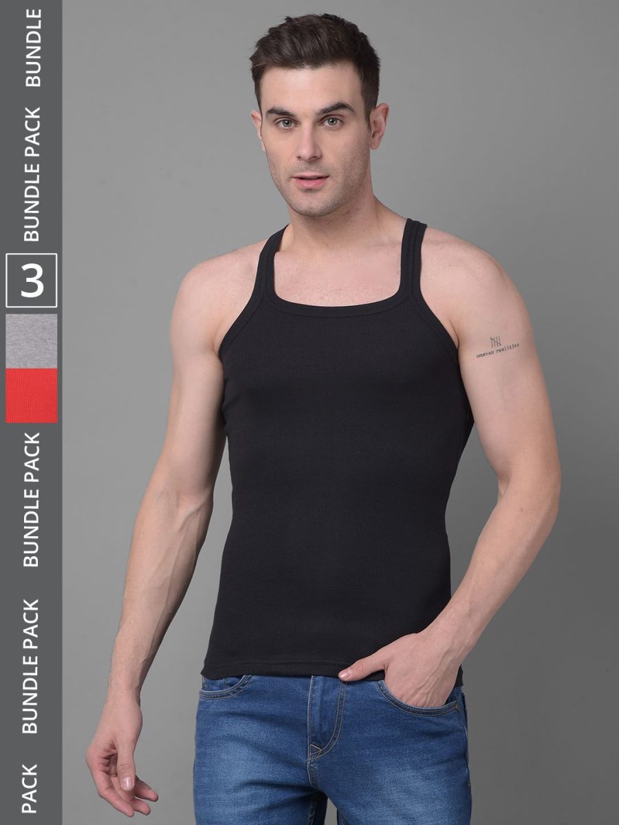 Dollar Bigboss Men's Pack of 3 Solid Combed Cotton Racerback Styled Gym Vest