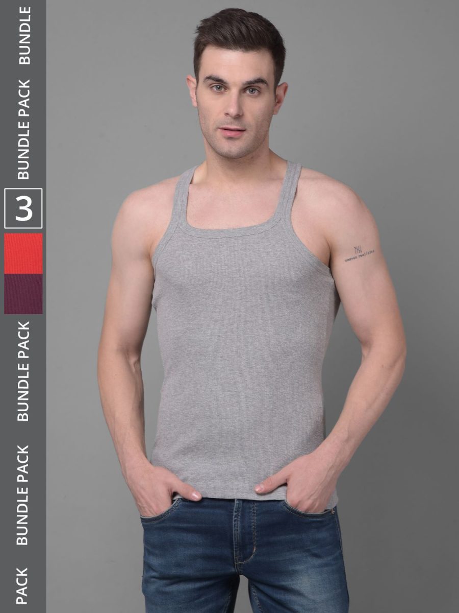 Dollar Bigboss Men's Pack of 3 Solid Combed Cotton Racerback Styled Gym Vest