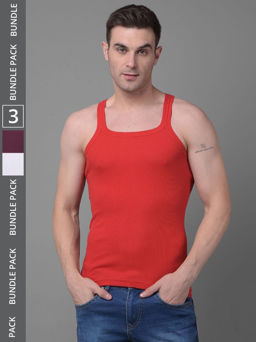 Dollar Bigboss Men's Pack of 3 Solid Combed Cotton Racerback Styled Gym Vest