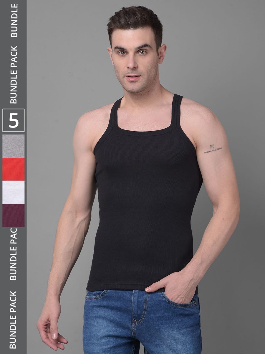 Dollar Bigboss Men's Pack of 5 Solid Combed Cotton Racerback Styled Gym Vest