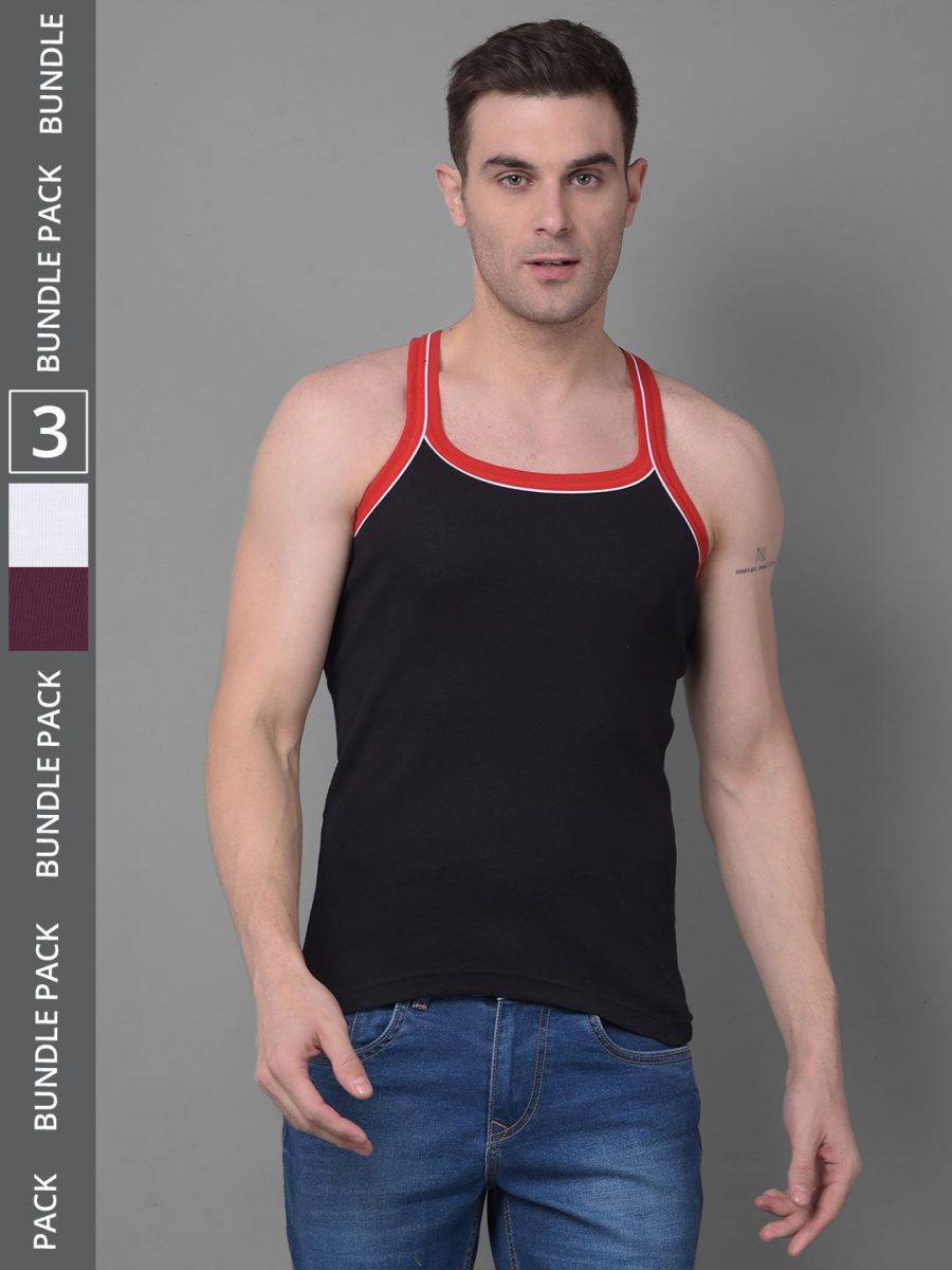 Dollar Bigboss Men's Pack of 3 Solid Combed Cotton Racerback Styled Gym Vest