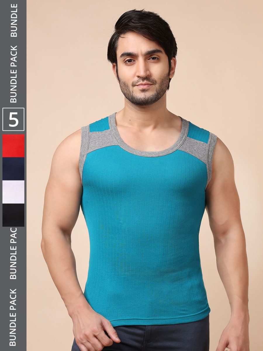 Dollar Bigboss Men's Pack of 5 Solid Combed Cotton Racerback Styled Gym Vest