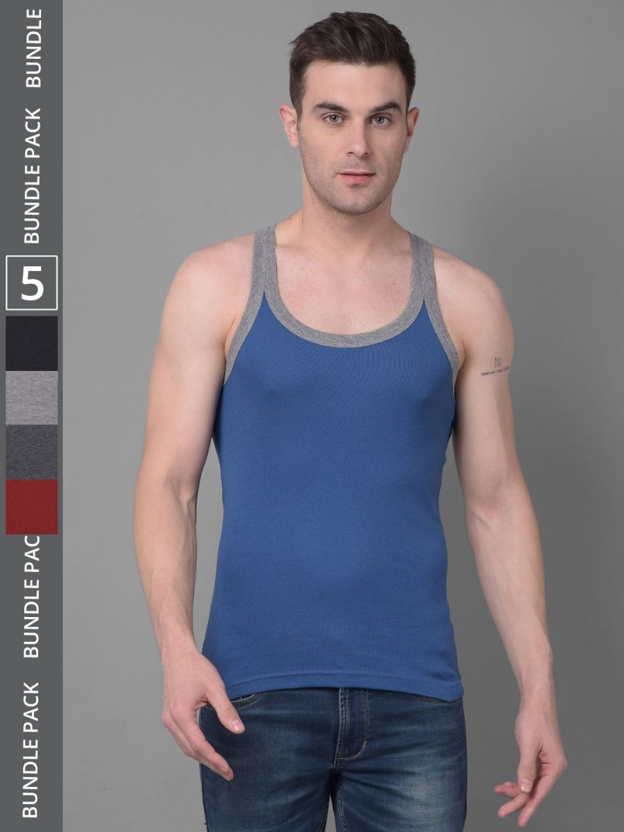 Dollar Bigboss Men's Pack of 5 Solid Combed Cotton Racerback Styled Gym Vest