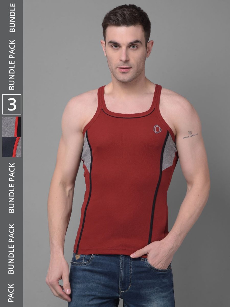 Dollar Bigboss Men's Pack of 3 Solid Combed Cotton Racerback Styled Gym Vest