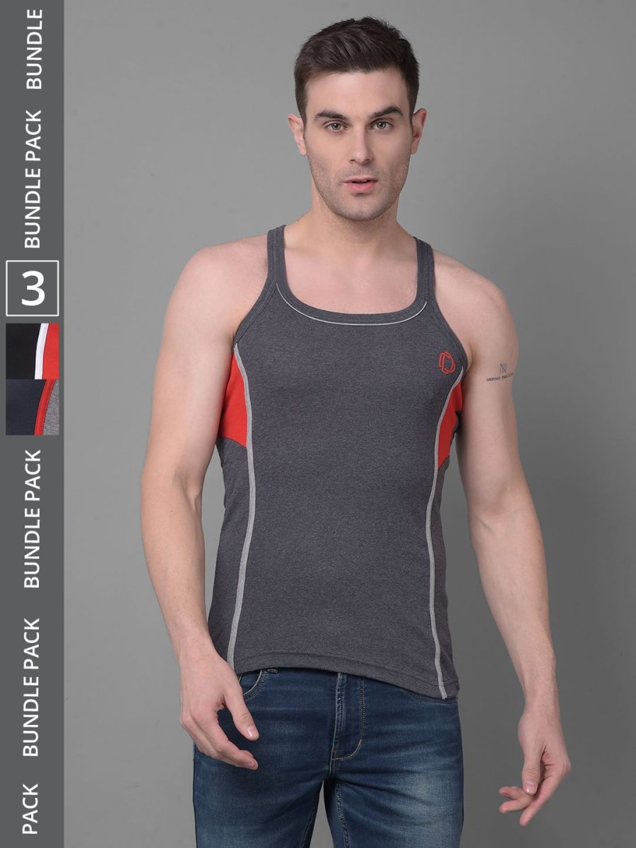 Dollar Bigboss Men's Pack of 3 Solid Combed Cotton Racerback Styled Gym Vest