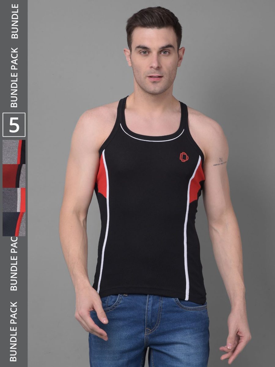 Dollar Bigboss Men's Pack of 5 Solid Combed Cotton Racerback Styled Gym Vest
