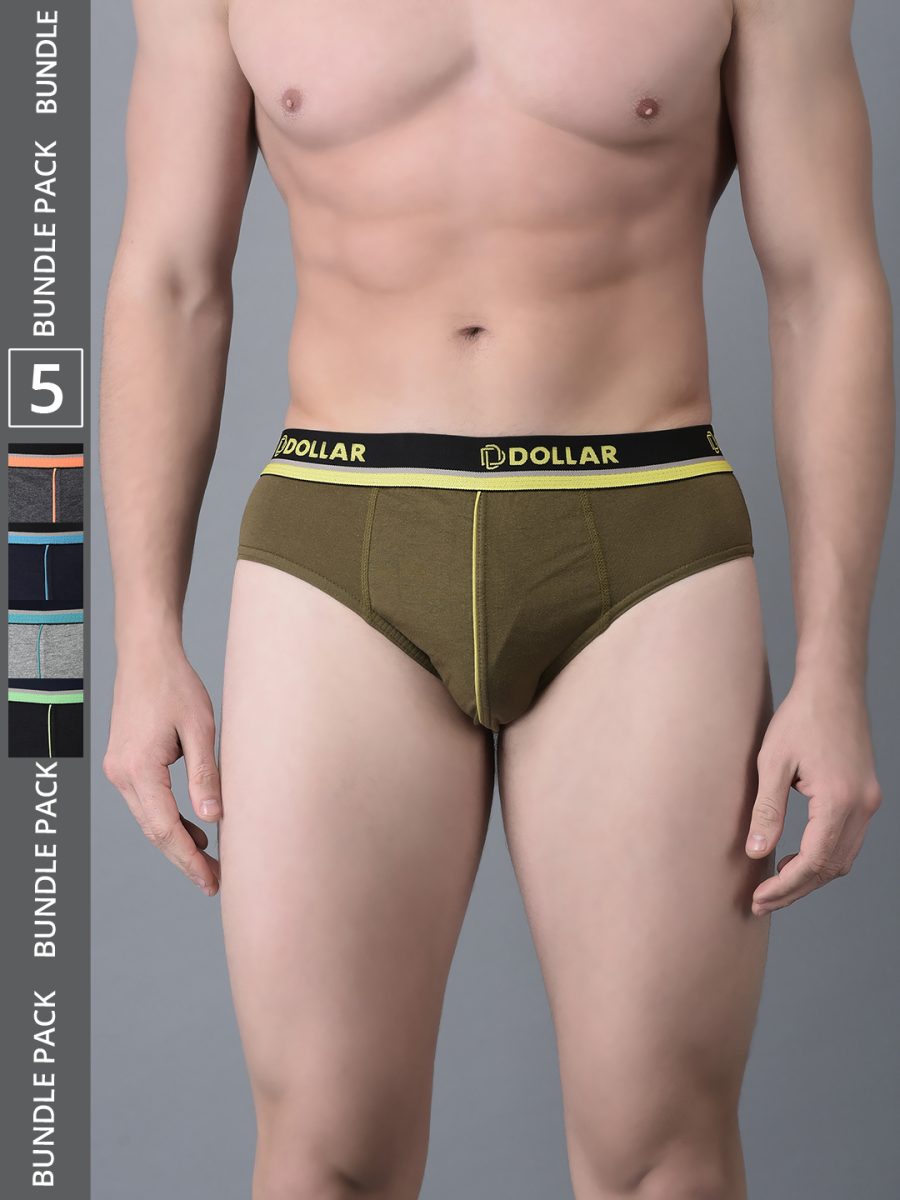 Dollar Bigboss Men's Pack of 5 Combed Cotton Solid Brief With Illuminating Waistband Logo