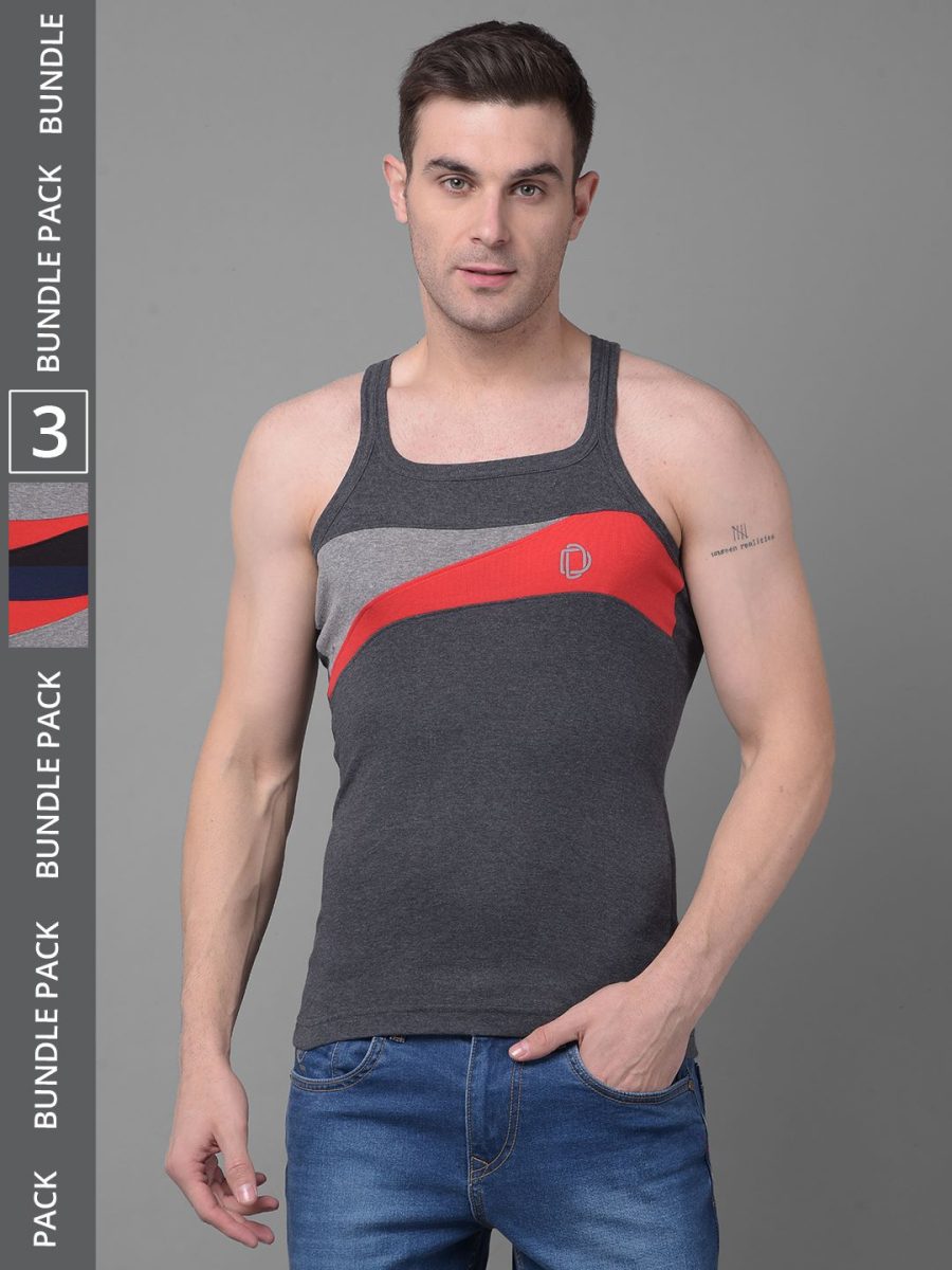 Dollar Bigboss Men's Pack of 3 Solid Combed Cotton Racerback Styled Gym Vest