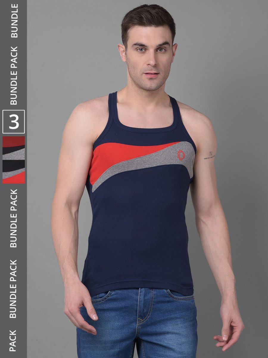 Dollar Bigboss Men's Pack of 3 Solid Combed Cotton Racerback Styled Gym Vest