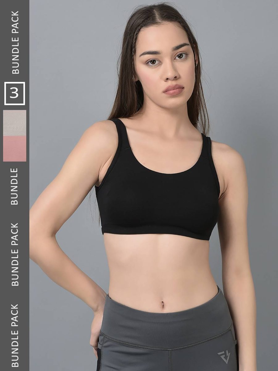 Dollar Missy Pack of 3 Women's Combed Cotton with Stretchy Elastane Wire-Free Moulded Sports Bra