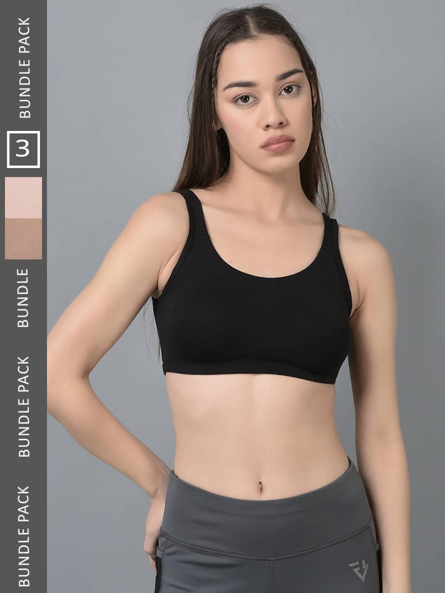 Dollar Missy Pack of 3 Women's Combed Cotton with Stretchy Elastane Wire-Free Moulded Sports Bra